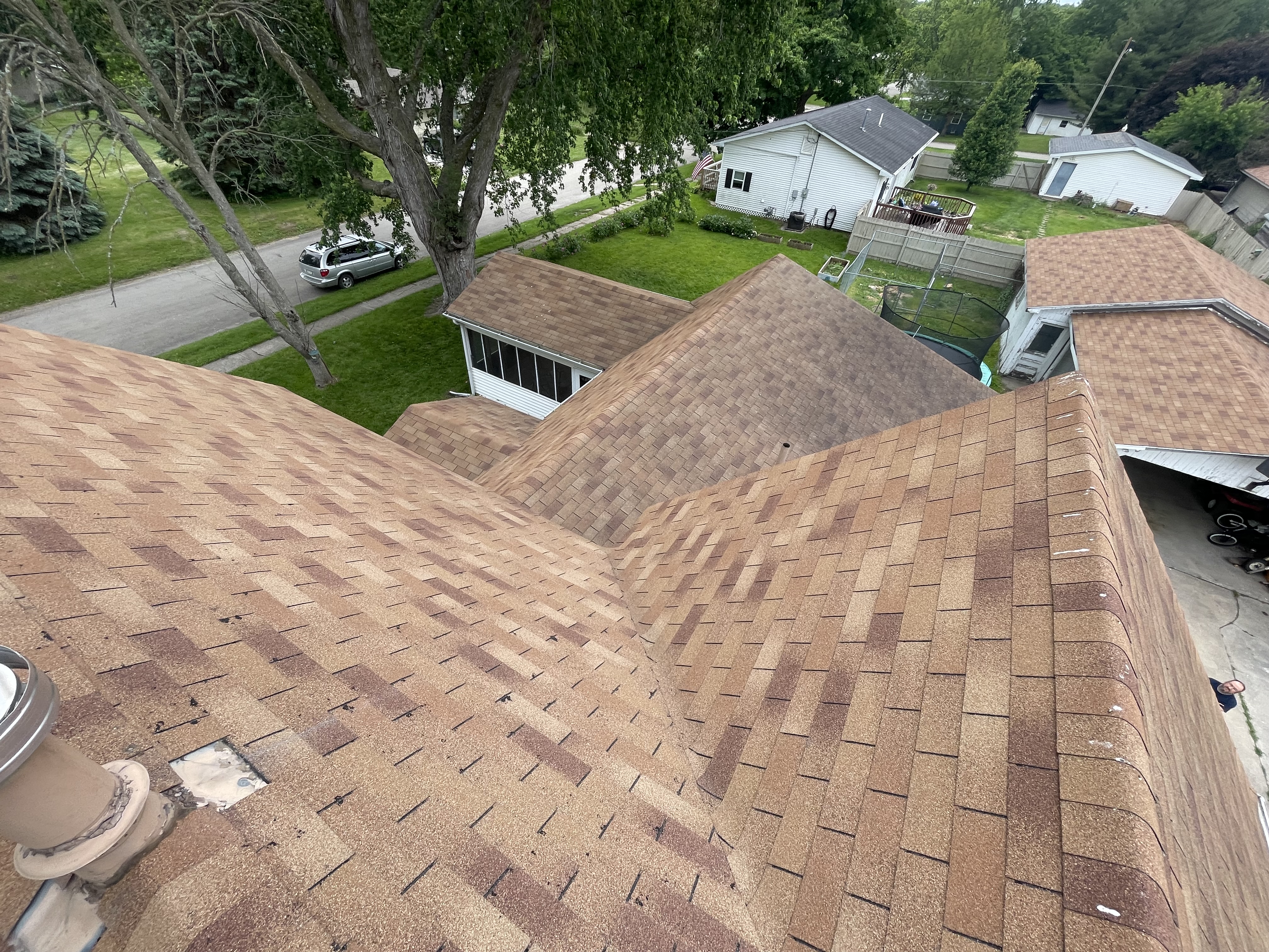 Aerial of a fresh asphalt shingle roof